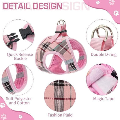 KOOLTAIL Dog Harness for Small Medium Dogs ,Dog Harness and Leash Set, Step in No Pull Soft Mesh Padded Adjustable and Reflective Pet Vest Harness Puppy, Plaid Extra Harness for XS S Dogs, Pink M