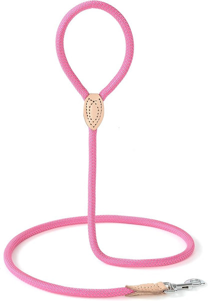 Mile High Life Rope Leash with Genuine Leather Connection, 6 FT/5 FT/4 FT, Heavy Duty Leash for Small Medium & Large Dogs (Hot Pink,48 Inch)