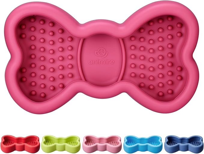 Lick Mat for Dogs, Animire Anti-Spilled Bow Tie Lick Bowls for Anxiety Relief, Silicone Slow Feeder Licking Pad with Suction Cups, Freezeable Dog Enrichment Toy for Boredom and Distraction(Rose,S)