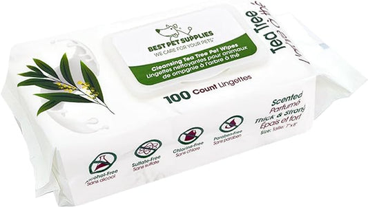 Best Pet Supplies Pet Wipes for Dogs - Dog Wipes Cleaning Deodorizing, for Coats, Ears, Paws - Cleansing Tea Tree, 100 Count