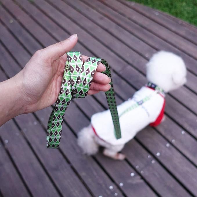 azuza Dog Collar and Leash Set, Adjustable Nylon Collar with Matching Leash, Green Diamond for Small Dogs