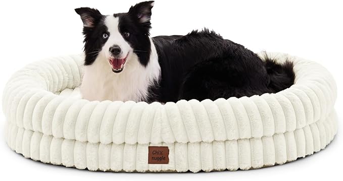 ChiXnuggle XL Dog Bed - Luxury Striped Faux Fur Waterproof Pet Couch with Removable Washable Cover, Orthopedic Dog Bed with Bolster Sides for Sleeping, Cream