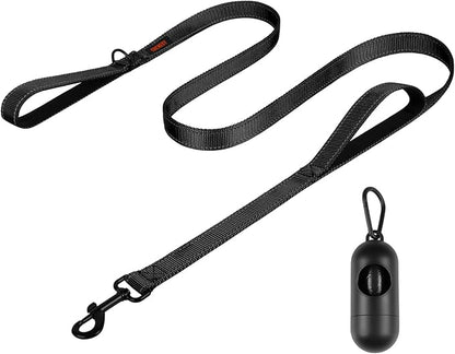 Heavy Duty Double Handle Leash - Reflective Training Lead, Perfect for Medium to Large Dogs (5FT, Black)