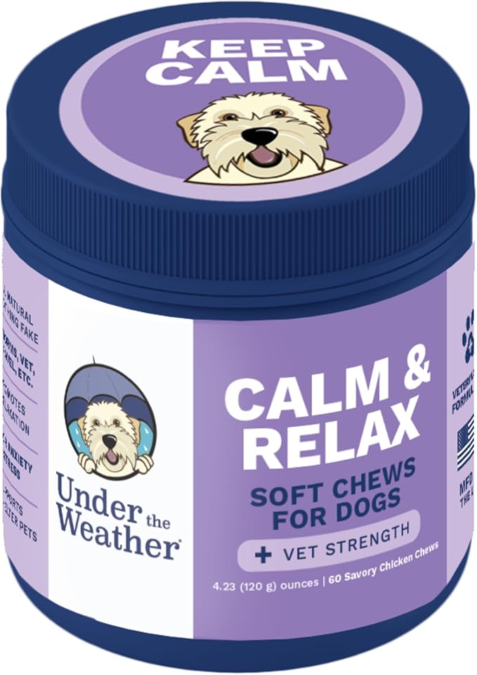 Under the Weather Calming Chews for Dogs | Vet Formulated Dog Calming Chew Treats | Natural Stress Support | Helps with Anxiety, Stress & Thunderstorms | Chicken Flavor Dog Calming Aid | 60 Count