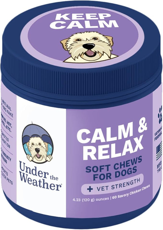 Under the Weather Calming Chews for Dogs | Vet Formulated Dog Calming Chew Treats | Natural Stress Support | Helps with Anxiety, Stress & Thunderstorms | Chicken Flavor Dog Calming Aid | 60 Count