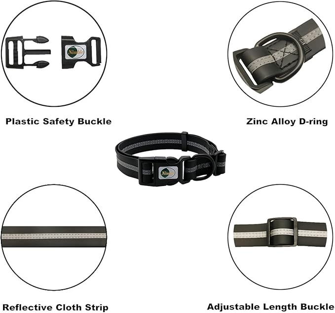 NIMBLE Dog Collar Waterproof Pet Collars Anti-Odor Durable Adjustable PVC & Polyester Soft with Reflective Cloth Stripe Basic Dog Collars S/M/L Sizes (Large (15.35”-24.8”inches), Black)