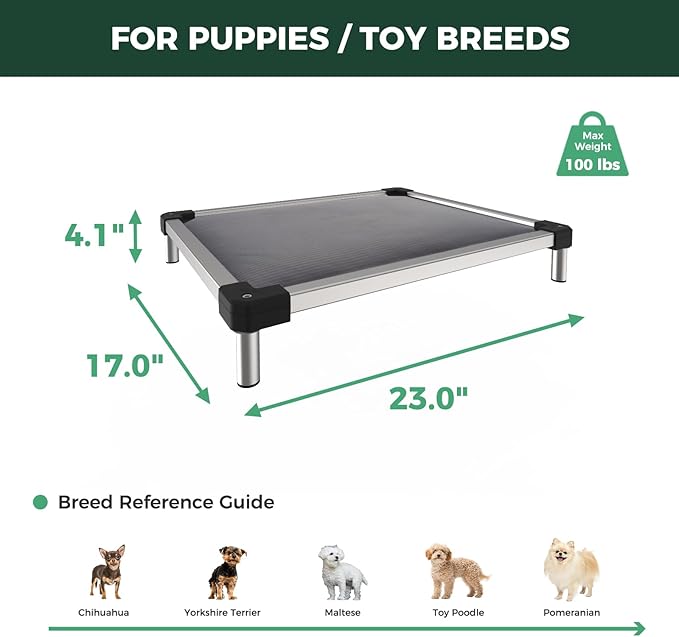 FXW TitanNest Chew-Proof Elevated Dog Bed, Raised Cot for Indoor/Outdoor/Camping Use, Durable & Washable Padded Pet Bed for Toy Dogs, 23.0" L x 17.0" W x 4.1" H, Gray