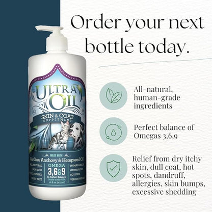 Ultra Oil Skin and Coat Supplement for Dogs and Cats with Hemp Seed Oil, Flaxseed Oil, Grape Seed Oil, Fish Oil for Relief from Dry Itchy Skin, Dull Coat, Hot Spots, Dandruff, and Allergies 128 Ounce