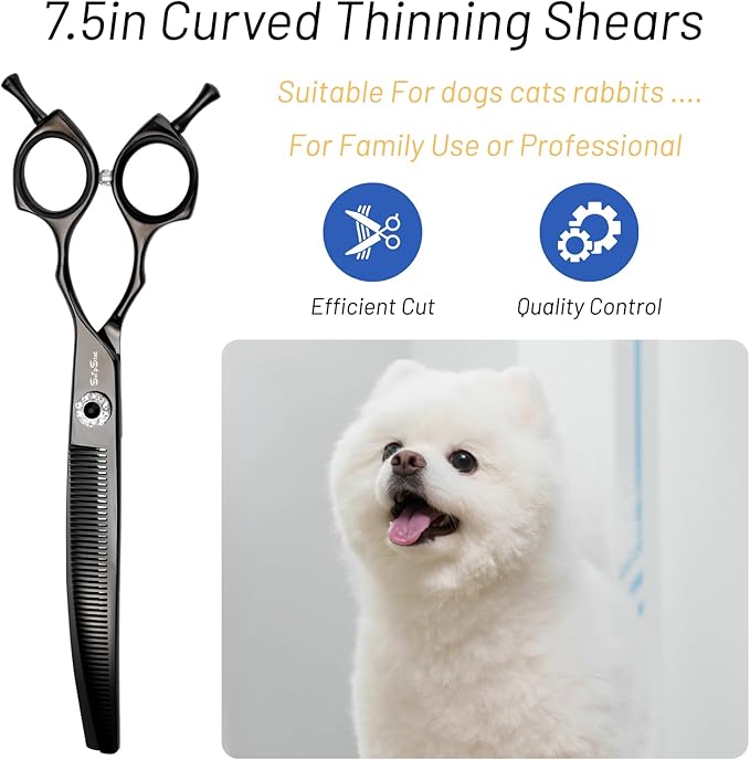 7.5inch Curved Thinner Dog Grooming Scissors, 56 Teeth Professional Dog Cutting Scissors, 25 Degree Bend High-end Shears for Pet Groomers or Family Use, with Symmetric Handle, Thinning Rate 25%, Black