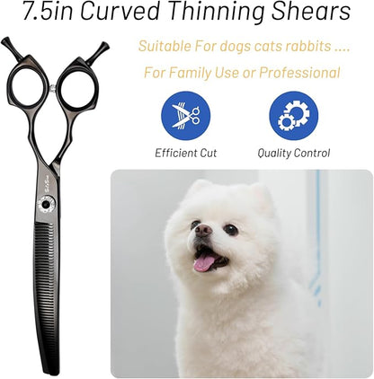 7.5inch Curved Thinner Dog Grooming Scissors, 56 Teeth Professional Dog Cutting Scissors, 25 Degree Bend High-end Shears for Pet Groomers or Family Use, with Symmetric Handle, Thinning Rate 25%, Black