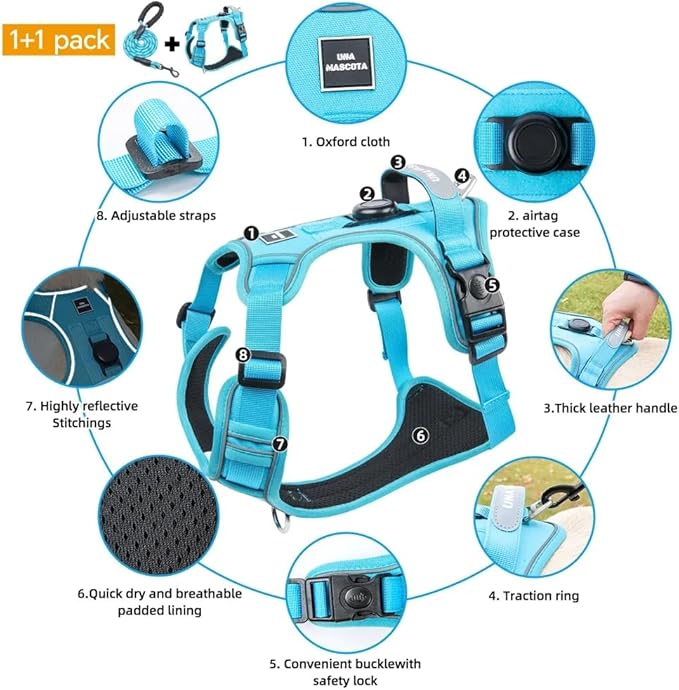 Airtag Dog Harness Chest Plate Reflective No Pull Harness with Leash for Extra Large Dogs (Steel Blue, XL)