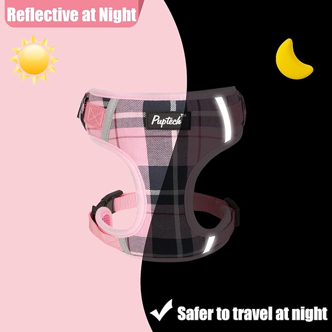 PUPTECK Small Dog Harness and Leash Set, No Pull Adjustable Puppy Cat Harness, Reflective Soft Mesh Pet Vest Small Sized, Pink Plaid, XS