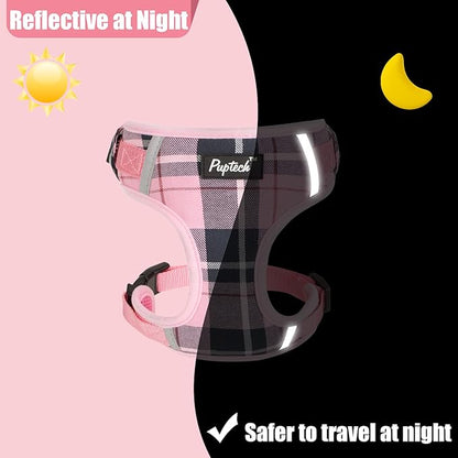 PUPTECK Small Dog Harness and Leash Set, No Pull Adjustable Puppy Cat Harness, Reflective Soft Mesh Pet Vest Small Sized, Pink Plaid, XS