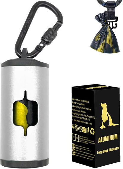 Metal Dog Poop Bag Holder w/Leash Clip|Durable Scratch-Resistant Aluminum|15 Bags+3 Accessories(Silver)