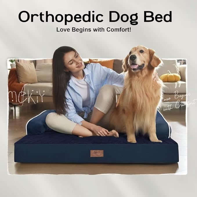 Large Dog Bed Orthopedic Washable | Beds Bolster Pet | XL Large Big Dogs | Memory Foam Couch Sofa | Waterproof with Removable Cover | Navy Blue Dog Bed
