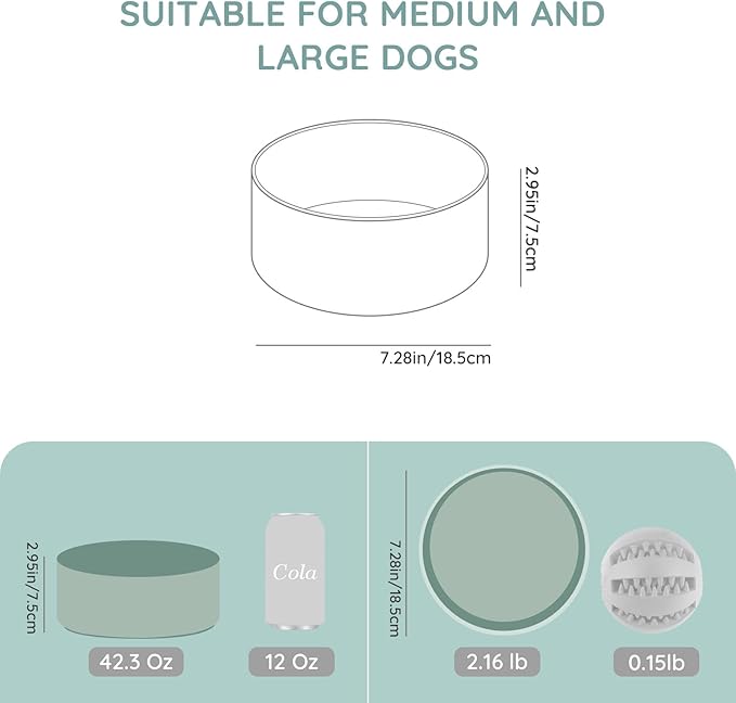 SPUNKYJUNKY 42OZ Ceramic Dog and Cat Bowl, Modern Cute Weighted Food Water Bowl for Replacement Morandi Green (1 Pack)