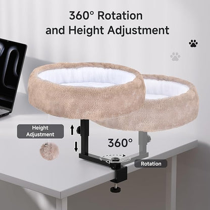 Chumajor Cat Desk Bed - 360° Rotating & Adjustable, Supports 44 lbs, Soft Faux Fur with Dual-Sided Reversible Mat, Modern Indoor Cat Nest Furniture for Office Desks and Game Tables, Island Table