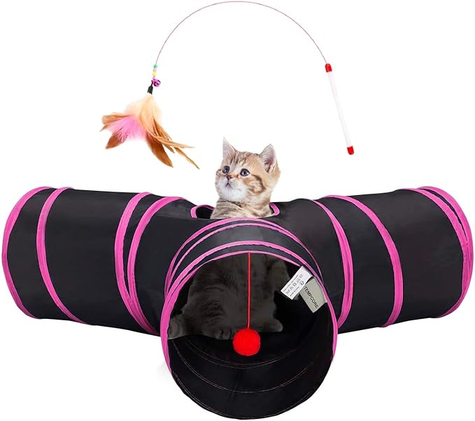 Tempcore Pet Tube Toys 3 Way Collapsible, Cat Tunnels for Indoor Cats，Kitty Bored Pet Toys with Peek Hole & Ball Cat, Puppy, Kitty, Kitten, Rabbit, Rose Red