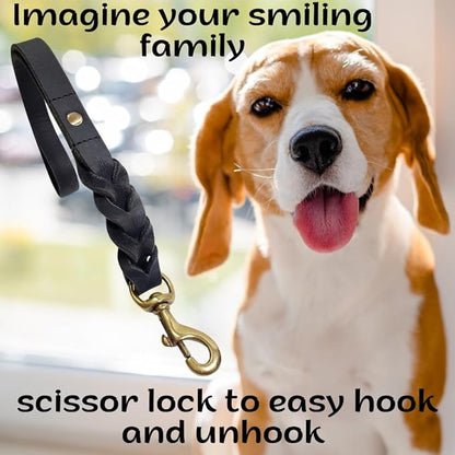 Leather Short Dog Leash 15 Inch - Short Dog Traffic Lead for Large Dogs Training and Walking - Braided Leather Tab for Large Dogs - Full Grain Heavy Duty. (Black, 1 FT)