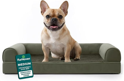 FurHaven Classic Soft Sofa Orthopedic Dog Bed for Medium Dogs, with Egg Crate with a Solid Orthopedic Foam Base for Joint Support, Removable Washable Cover, Medium, Faux Fur & Velvet, Dark Sage