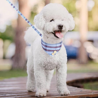 KOOLTAIL Small Dog Collar and Leash Set with Bowtie and Bells - Cute Puppy Bandana Collar and Leash for Male with Classic Plaid Pattern, Soft Leather Tangle Free Leashes for Small Dogs Boys Girls,Blue