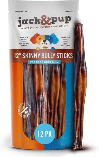 Jack&Pup 12 Inch Skinny Bully Sticks for Small Dogs, Seniors (12 Pack) Thin Bully Stick Dog Chew, 100% Beef Bully Sticks for Puppies