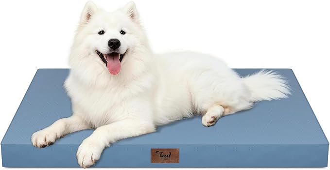 Tail Stories Outdoor Large Washable Dog Bed, Orthopedic Egg Crate Foam Dog Crate Mat for Large Dogs with Removable Oxford Cooling Cover, Blue