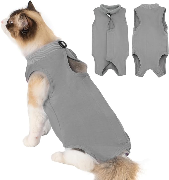 Avont Cat Recovery Suit Post-Surgery Onesie, Breathable Cone-of-Shame Alternative Bodysuit for Spayed Female Kittens, Skin Abdonminal Wound Care -Grey(M)