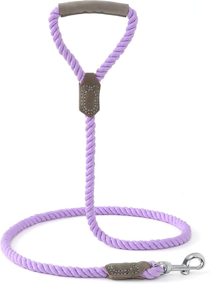Mile High Life Dog Leash, Braided Cotton Rope Leashes with Leather Handle - Heavy Duty Metal Clasp, 6FT, 1/2" Thick - Wedding, Walking & Training Leash for Small Medium Large Dogs (Purple)