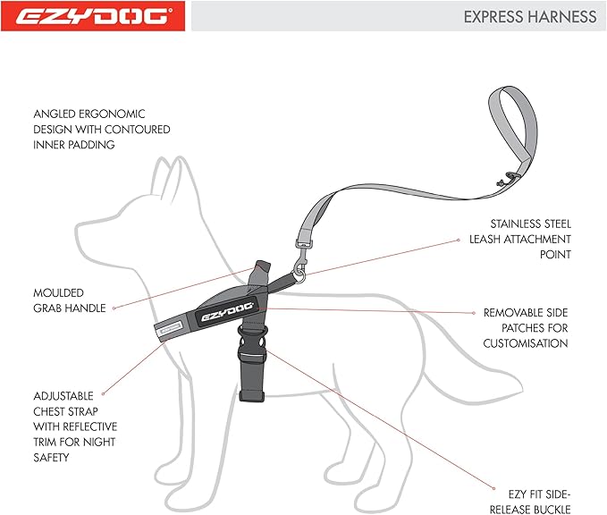 EzyDog Express Dog Harness - Adjustable Dog Harness for Large, Medium, and Small Dogs with Padded Ergonomic Anti-Chafing Design, Grip Handle, & Easy Side Buckle (Gray, XL)