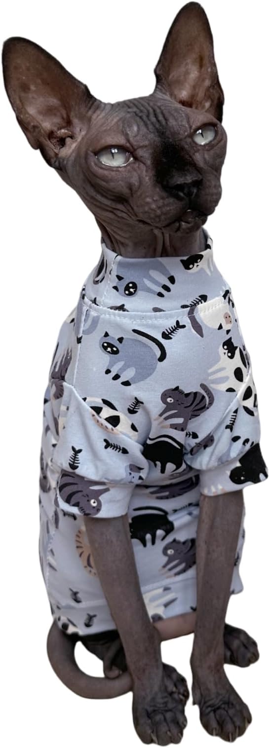 Limited Edition Sphynx Cat Cotton T-Shirts Hairless Cat Sweatshirt Pet Kitten Clothes Round Collar Kitten Shirts Vest Cats & Small Dogs Apparel (Cat Fishbone, L (7.7-9.9 lbs))