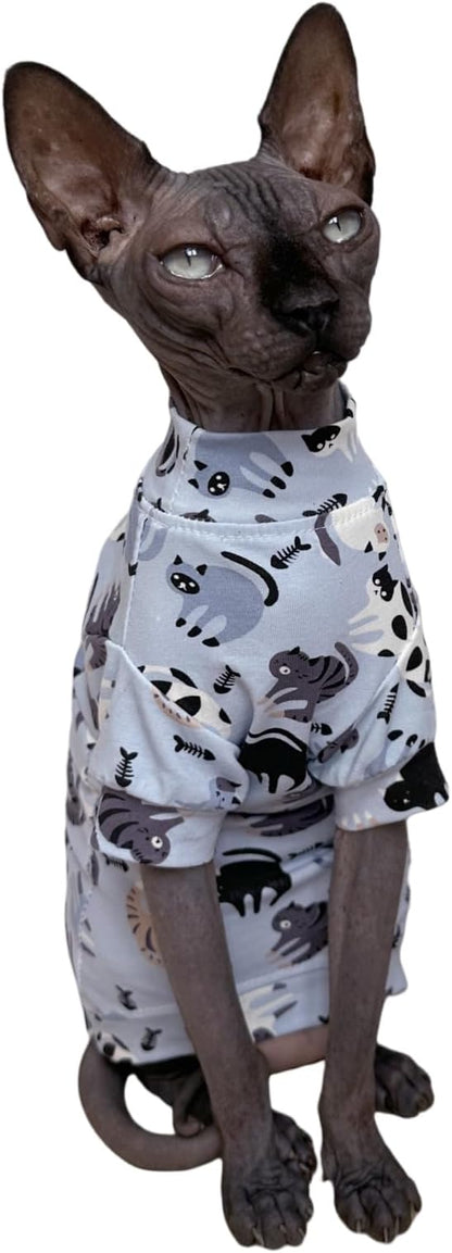 Limited Edition Sphynx Cat Cotton T-Shirts Hairless Cat Sweatshirt Pet Kitten Clothes Round Collar Kitten Shirts Vest Cats & Small Dogs Apparel (Cat Fishbone, L (7.7-9.9 lbs))