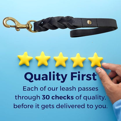 Leather Short Dog Leash 15 Inch - Short Dog Traffic Lead for Large Dogs Training and Walking - Braided Leather Tab for Large Dogs - Full Grain Heavy Duty. (Black, 1 FT)