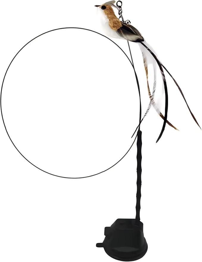 CUTIE PAW PAL Interactive Suction Cup Cat Toy for Indoor Cat, Long Tail Feather Bird, Spring Wire Suctions to Ground, Hands Free Bird Simulation Cat Toy Wand Set that Sticks to Floor, Feathers & Bells