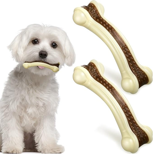 Sosation Bones Shaped Dog Toys for Aggressive Chewers, 2 Pack Christmas Dog Chew Toys Puppy Teething Nylon Beef Flavor for Large/Medium/Small Puppies Breeds(Curved Bone,Small)