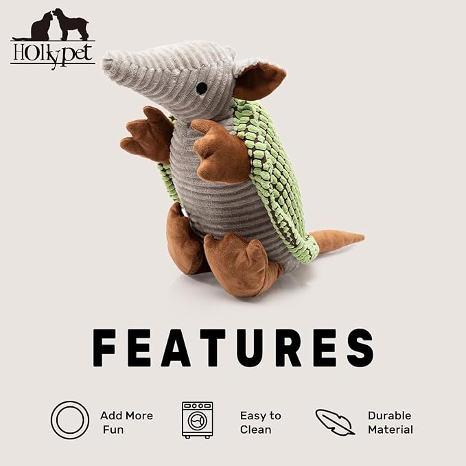 Hollypet Plush Dog Squeaky Toy Stuffed Armadillo Animal Pet Puppy Chew Toys with Clean Teeth for Small Medium Large All Breed Sizes Dogs, Green, 14 in