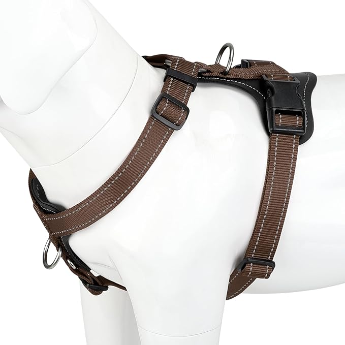 Plutus Pet Adjustable No Pull Dog Harness with Leather Accents, Heavy Duty Reflective Nylon Vest for Training, Hiking, Easy Walk Harness for Small, Medium, Large Dogs (Chocolate, S)