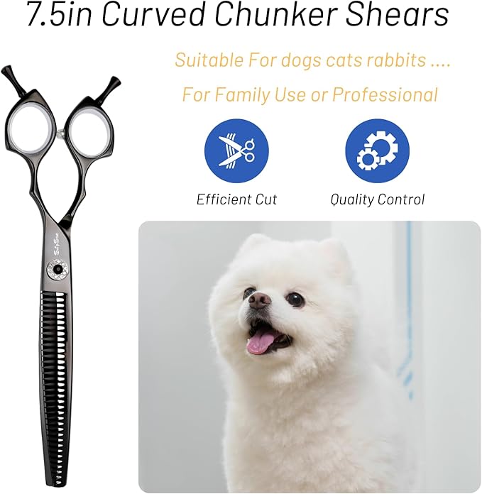 7.5inch Curved Chunker Dog Grooming Scissors, 35 Teeth Professional Dog Cutting Scissors, 25 Degree Bend High-end Shears for Pet Groomers or Family Use, with Symmetric Handle, Thinning Rate 65%, Black