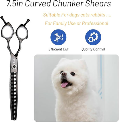 7.5inch Curved Chunker Dog Grooming Scissors, 35 Teeth Professional Dog Cutting Scissors, 25 Degree Bend High-end Shears for Pet Groomers or Family Use, with Symmetric Handle, Thinning Rate 65%, Black