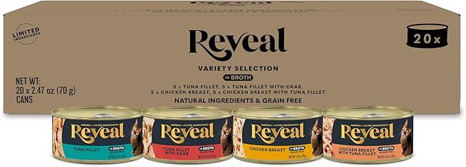 Reveal Natural Wet Canned Cat Food, 4-Flavor Variety Pack, Limited Ingredient, Grain Free, High Protein with No Artificial Additives, Fish and Chicken Variety in Broth (20 x 2.47 oz Cans)