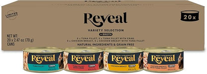 Reveal Natural Wet Canned Cat Food, 4-Flavor Variety Pack, Limited Ingredient, Grain Free, High Protein with No Artificial Additives, Fish and Chicken Variety in Broth (20 x 2.47 oz Cans)