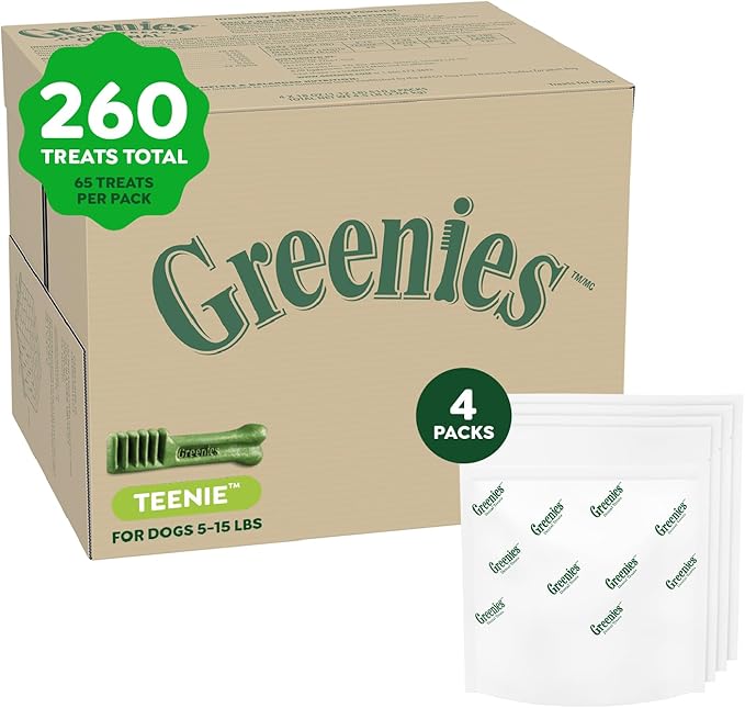 Greenies Veterinarian-Recommended Adult Natural Dental Dog Treats Teenie Size, Original Flavor, (4) 65 ct Packs (260 Treats)