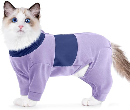 QBLEEV Cat Clothes, Soft Cat Sweaters for Cats Only, Kitten Surgery Recovery Suit Onesie Pajamas, Four Legs Cats Shirts Apparel Clothing for Hair Loss Prevention, Purple, XL