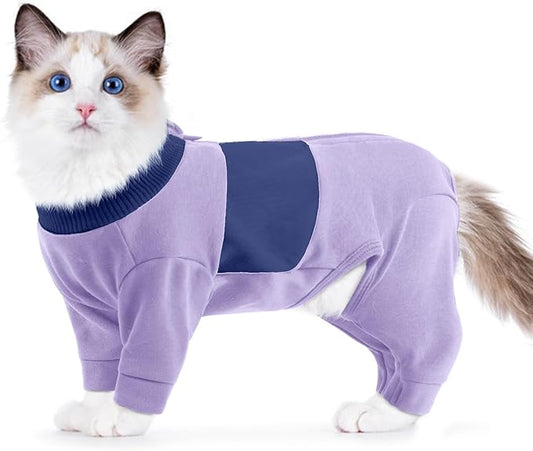 QBLEEV Cat Clothes, Soft Cat Sweaters for Cats Only, Kitten Surgery Recovery Suit Onesie Pajamas, Four Legs Cats Shirts Apparel Clothing for Hair Loss Prevention, Purple, XL