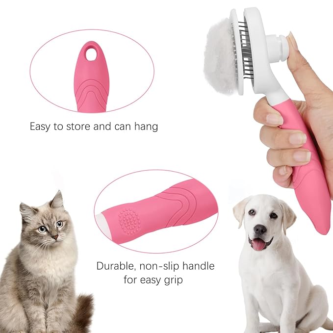 Self Cleaning Slicker Brush - Cat Brush Skin-Friendly Deshedding Grooming Massaging Tool for Long & Short Haired Pets, Cat Hair Brushes Easy Removes Undercoat for Dogs Cats Rabbits-UPGRADED, Pink