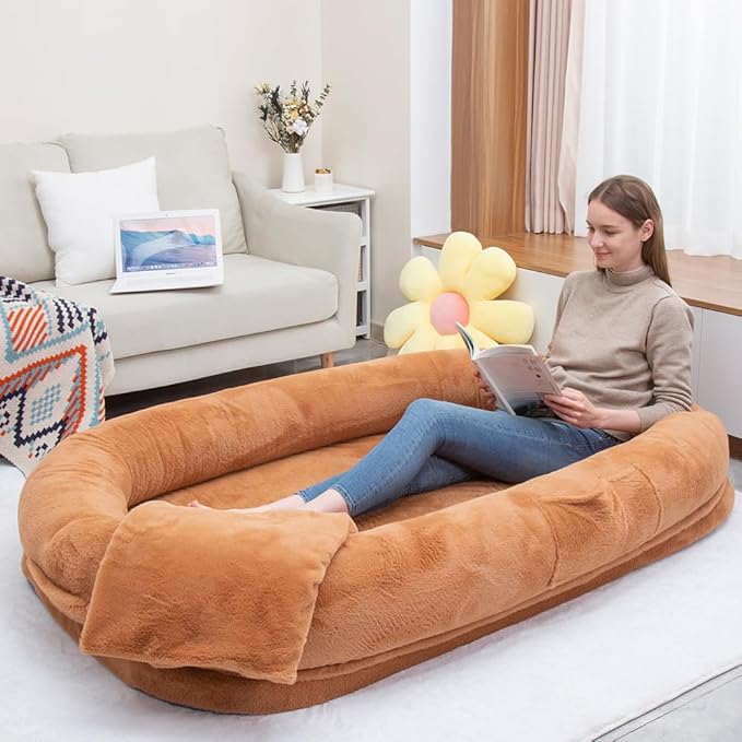 Human Dog Bed 63”x36.6”x11” Large Dog Bed with Raised Cushioned Rim, Removable Cover, Waterproof Lining and Bonus Blanket; Washable-Luxury Fluffy Nap Bed (63"x36.6"x11", Brown)