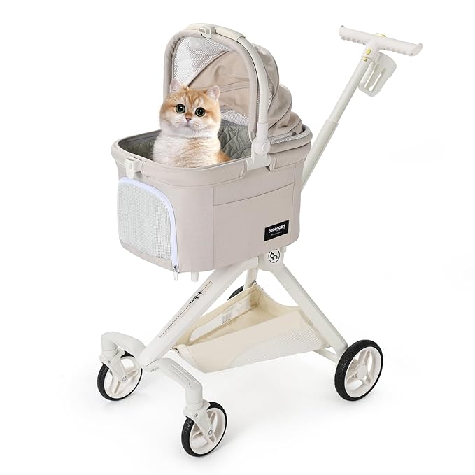 Beberoad Pets TT Lightweight Pet Stroller for Small Dogs & Cats - 4-Way Installation Carrier, One-Hand Fold, 180° Canopy Cover & Adjustable Handle (Beige)