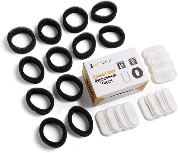 KittySpout Cat Water Fountain Filters for 108oz/3.2L… (6 Month Supply: 12 Filters & 12 Sponges), White, SSF246