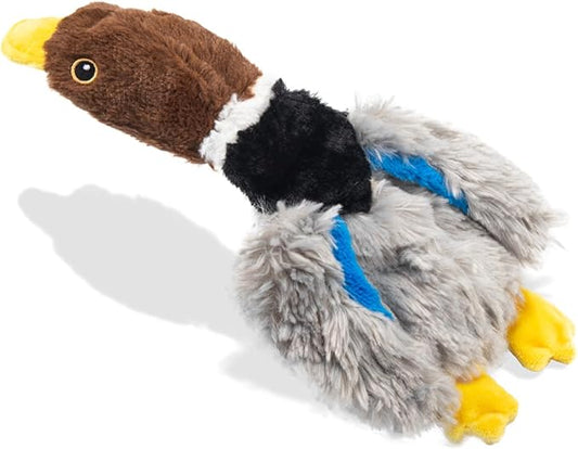 Calibonbon Extra-Plush Duck Dog Toy with 2 Squeakers & Crinkle – No Stuffing Gentle Chewer Squeaker for Calming Play, Soft Toy for Puppies to Senior Dogs (Long Pile, Brown & Grey)