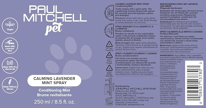 Paul Mitchell Pet Calming Lavender Mint Spray, Conditioning Mist, Grooming Spray for Dogs, 8.5 Fl Oz
